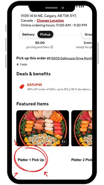 Example Kinjo ordering screen showing the Pickup option and featured platter area