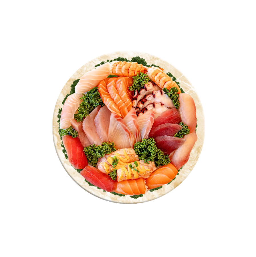 27-piece Sushi and Sashimi Platter presented on its tray